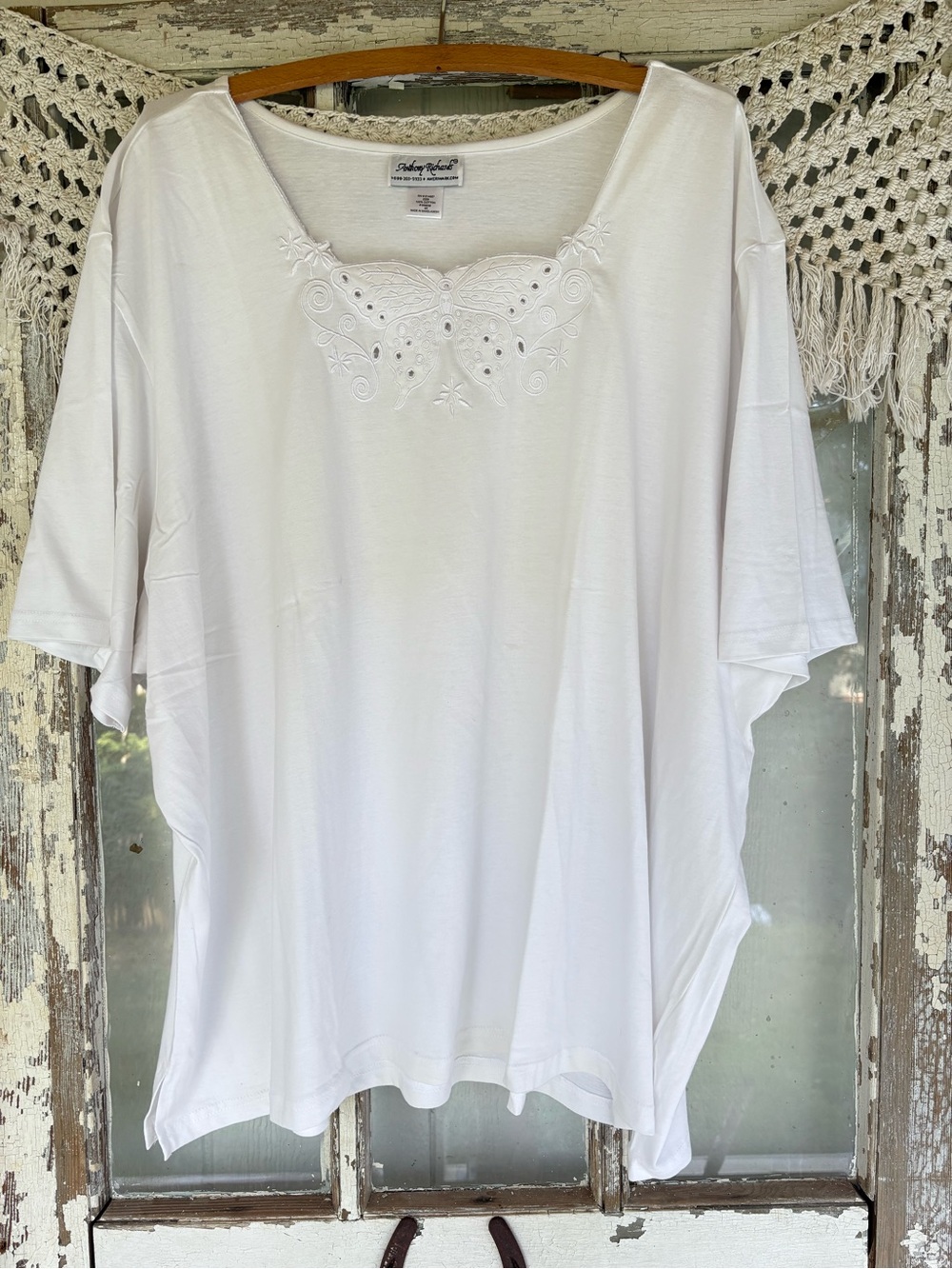 White Cotton Sleep Shirt White Embroidered Butterfly